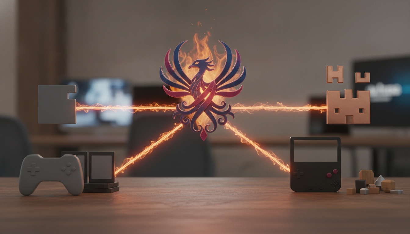 a flaming bird emblem at center connects by glowing lines to blocky game pieces and controllers on a table