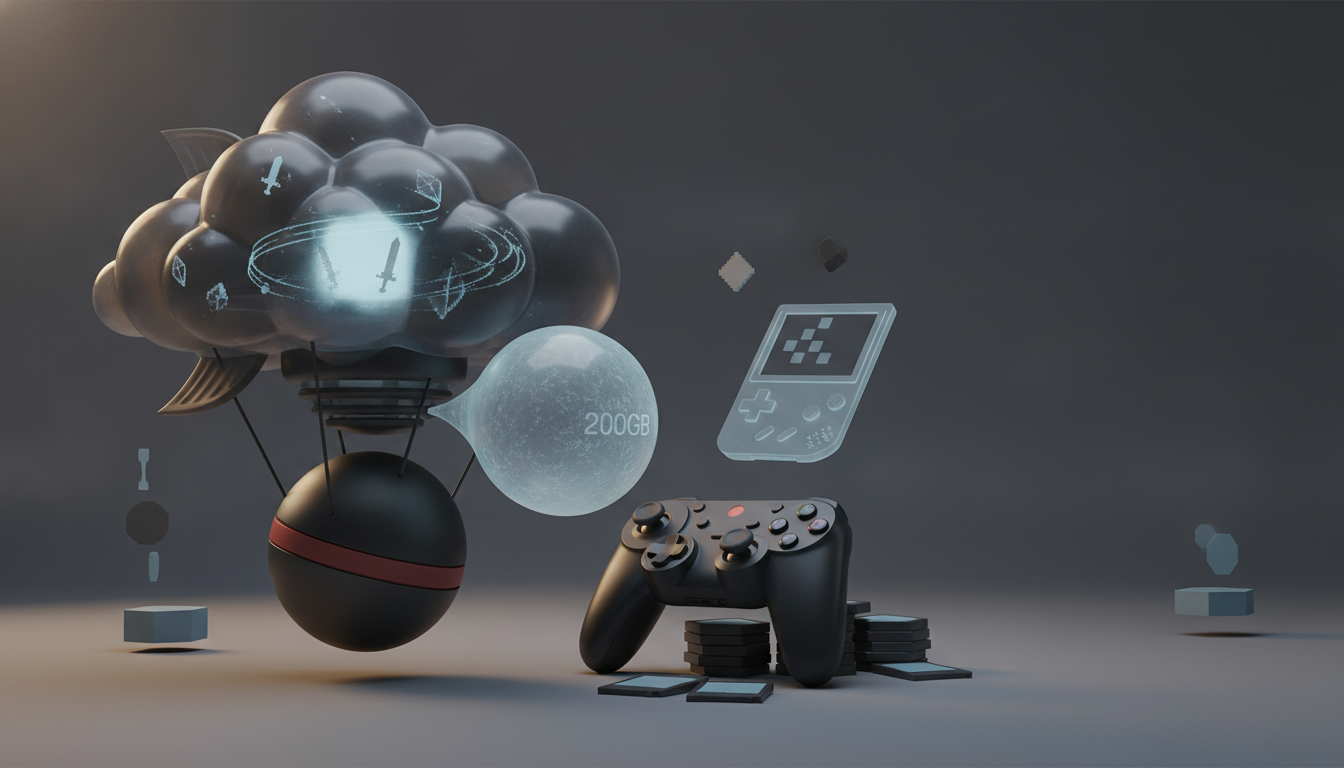 Dark floating spheres form a cloud above a glowing orb, with a translucent handheld console and game controller nearby.