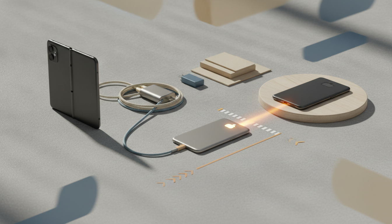 Two folding phones, a cable coil, a small charger, stacked cards, and two phones on a round wooden stand.