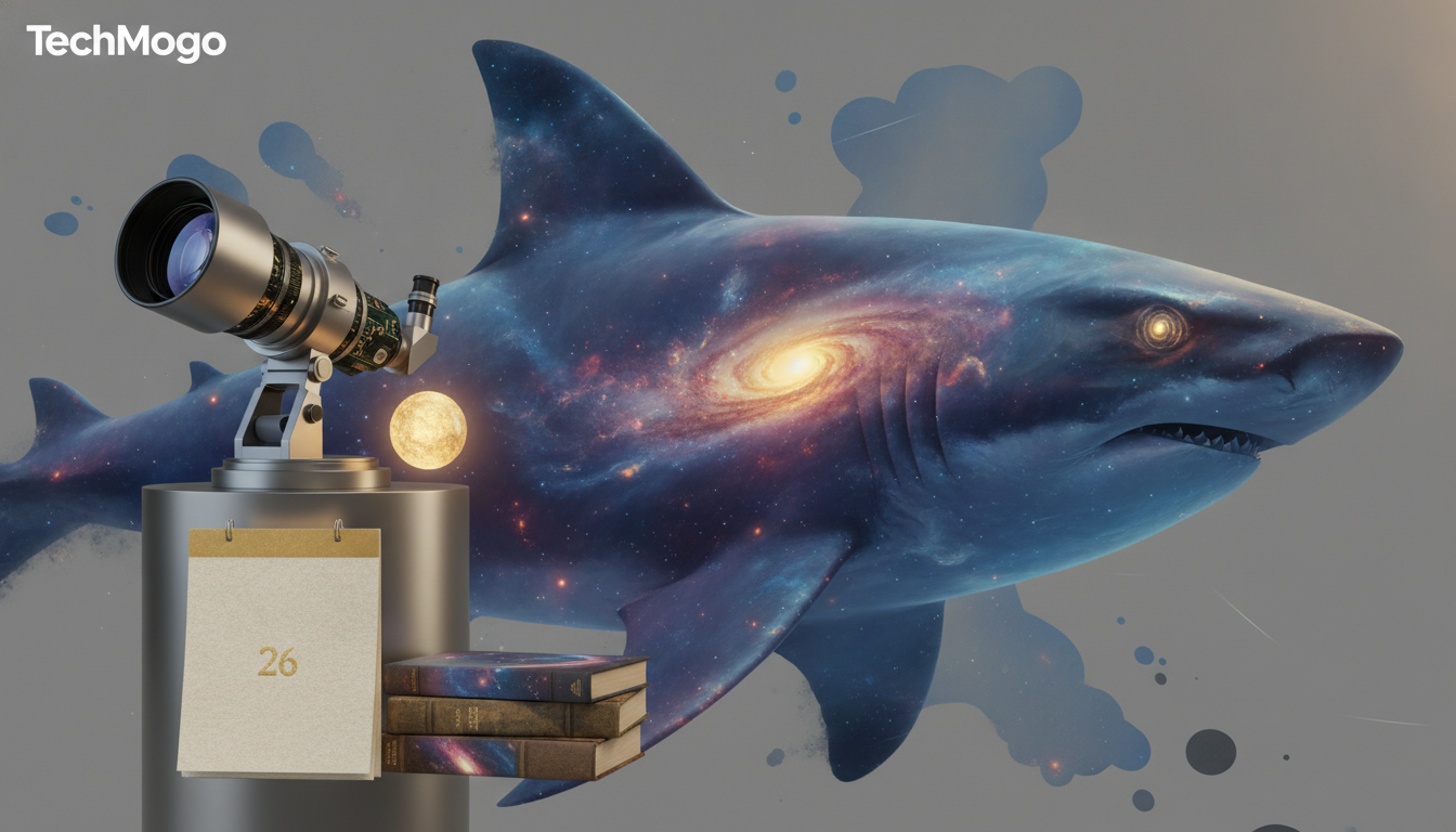 A large galaxy-pattern shark floats beside a telescope, a hanging calendar, and stacked books on a gray background.