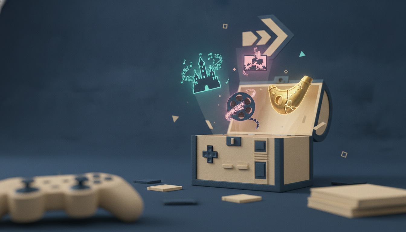 a beige game console with an open lid, floating neon gaming icons, and a blurred controller in the foreground