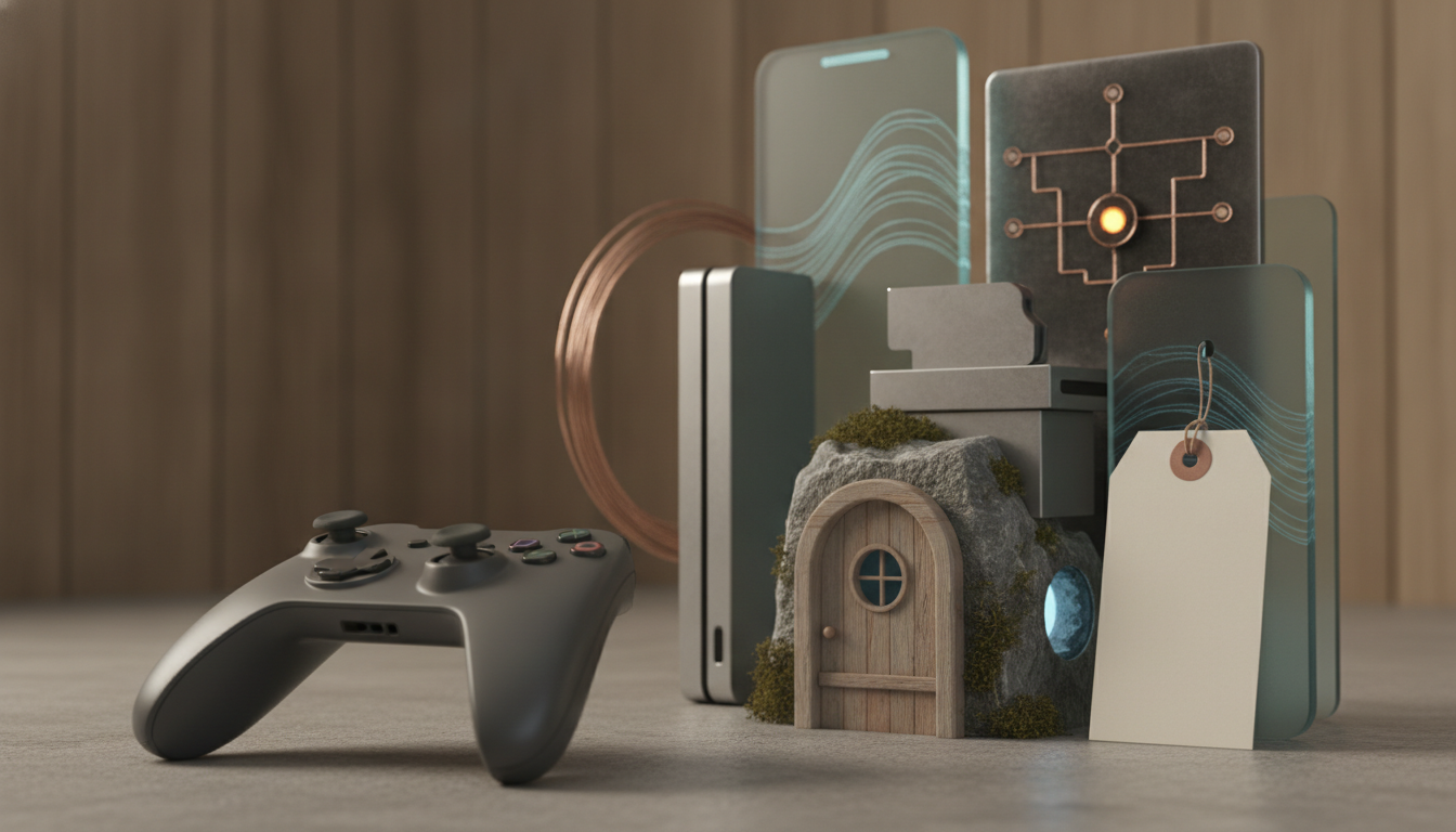 a game controller sits beside stacked abstract panels, a small wooden door in a stone mound, and a blank hanging tag