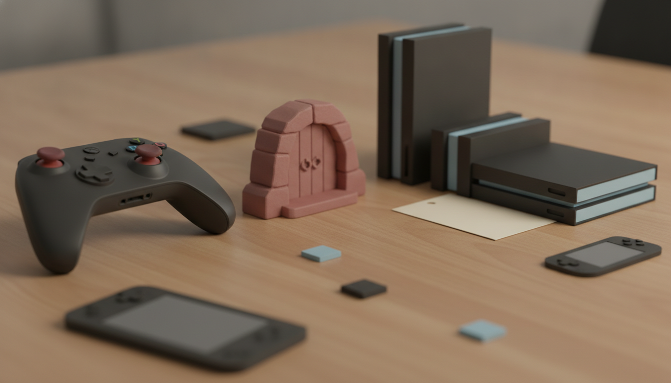 A game controller, a small arched door, stacked books, and several handheld devices sit on a wooden table.