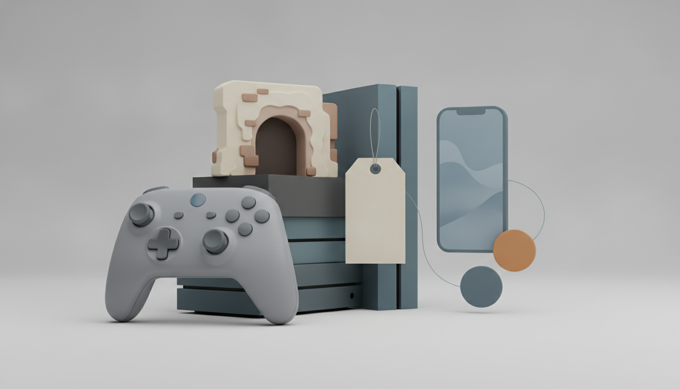 A gray game controller sits beside stacked blocks, a hanging tag, a phone-shaped screen, and two colored circles.