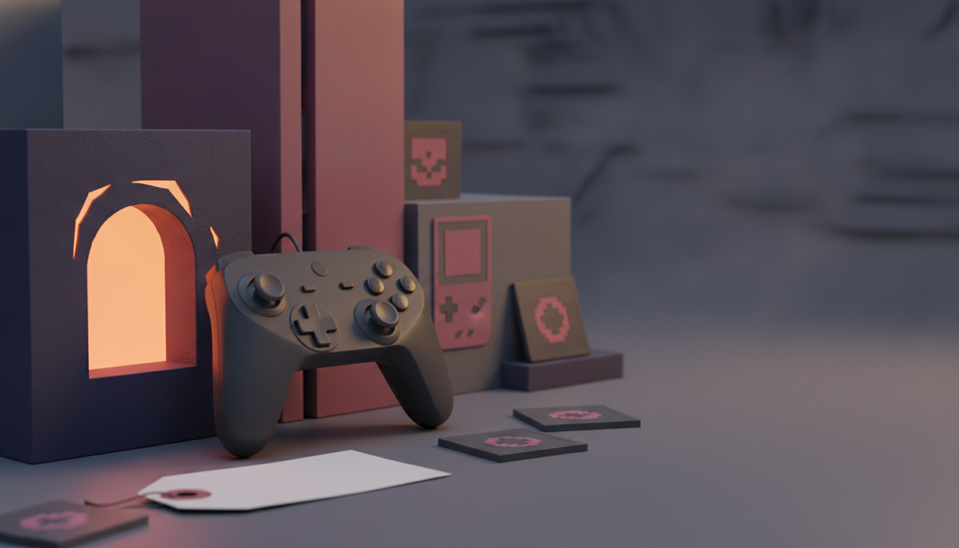 A black game controller rests beside glowing blocky display pieces and a white tag on a gray surface.
