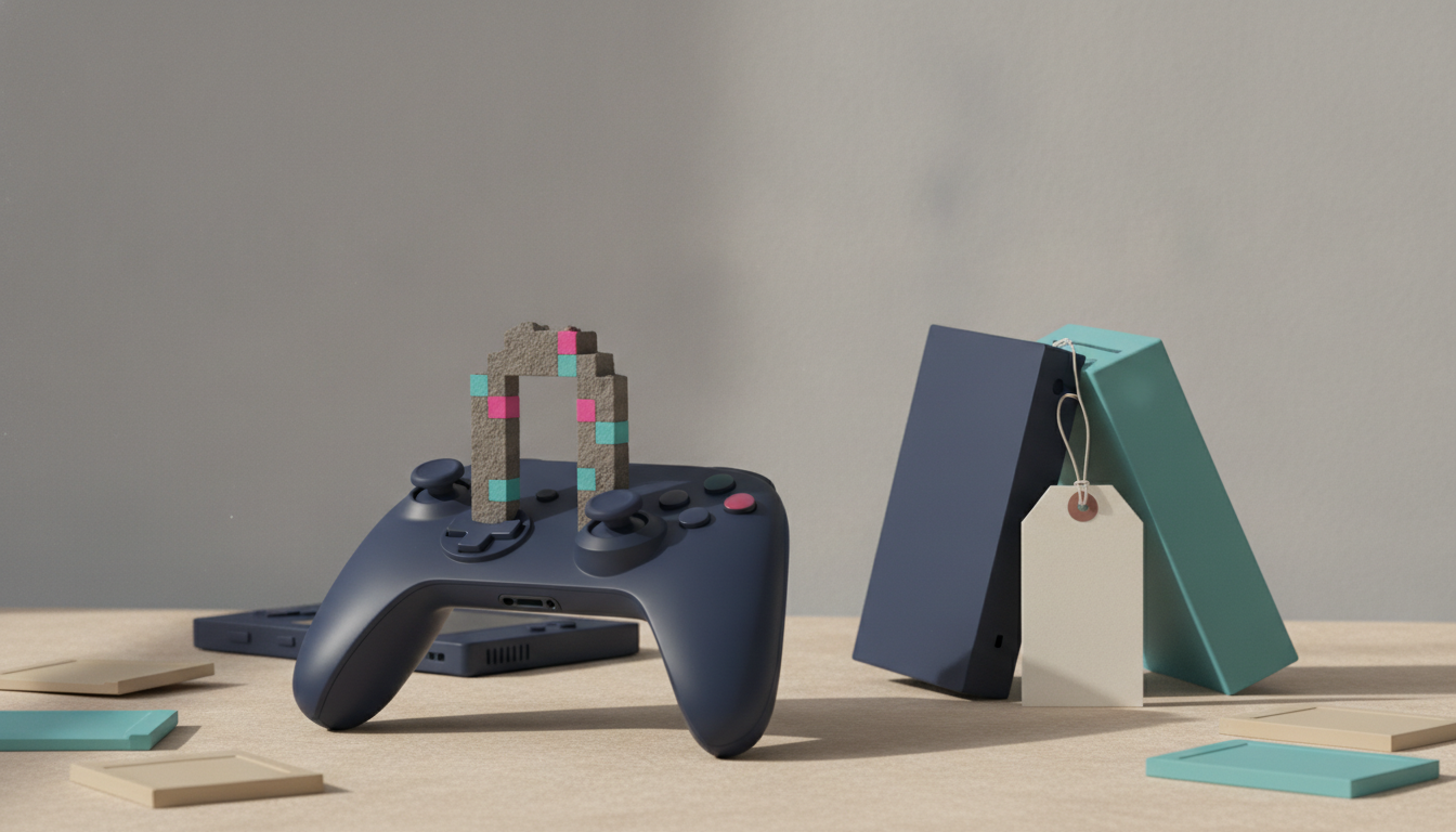 a dark game controller with a small pixel arch on top, beside two upright rectangular blocks and scattered flat tiles