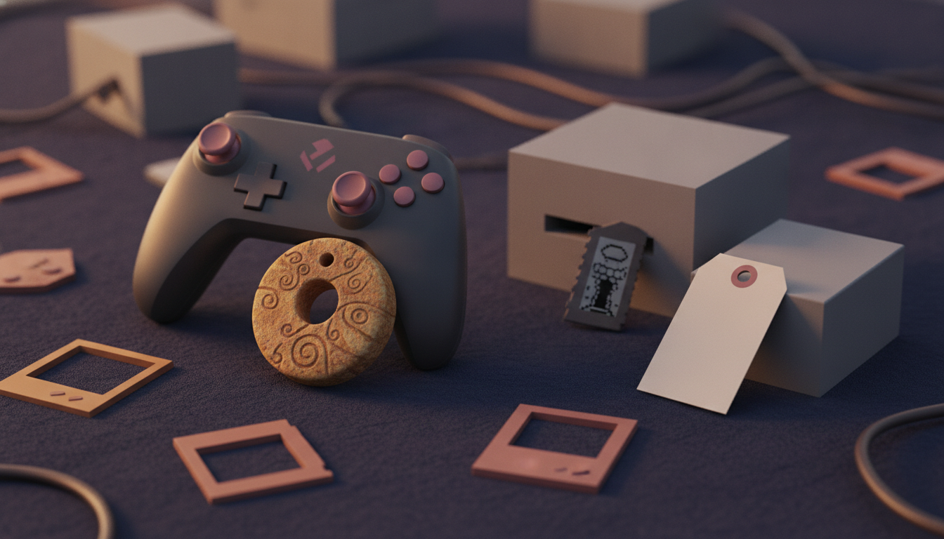 A game controller rests beside a round carved token, with small blocks, tags, and loose cable loops on a dark surface.