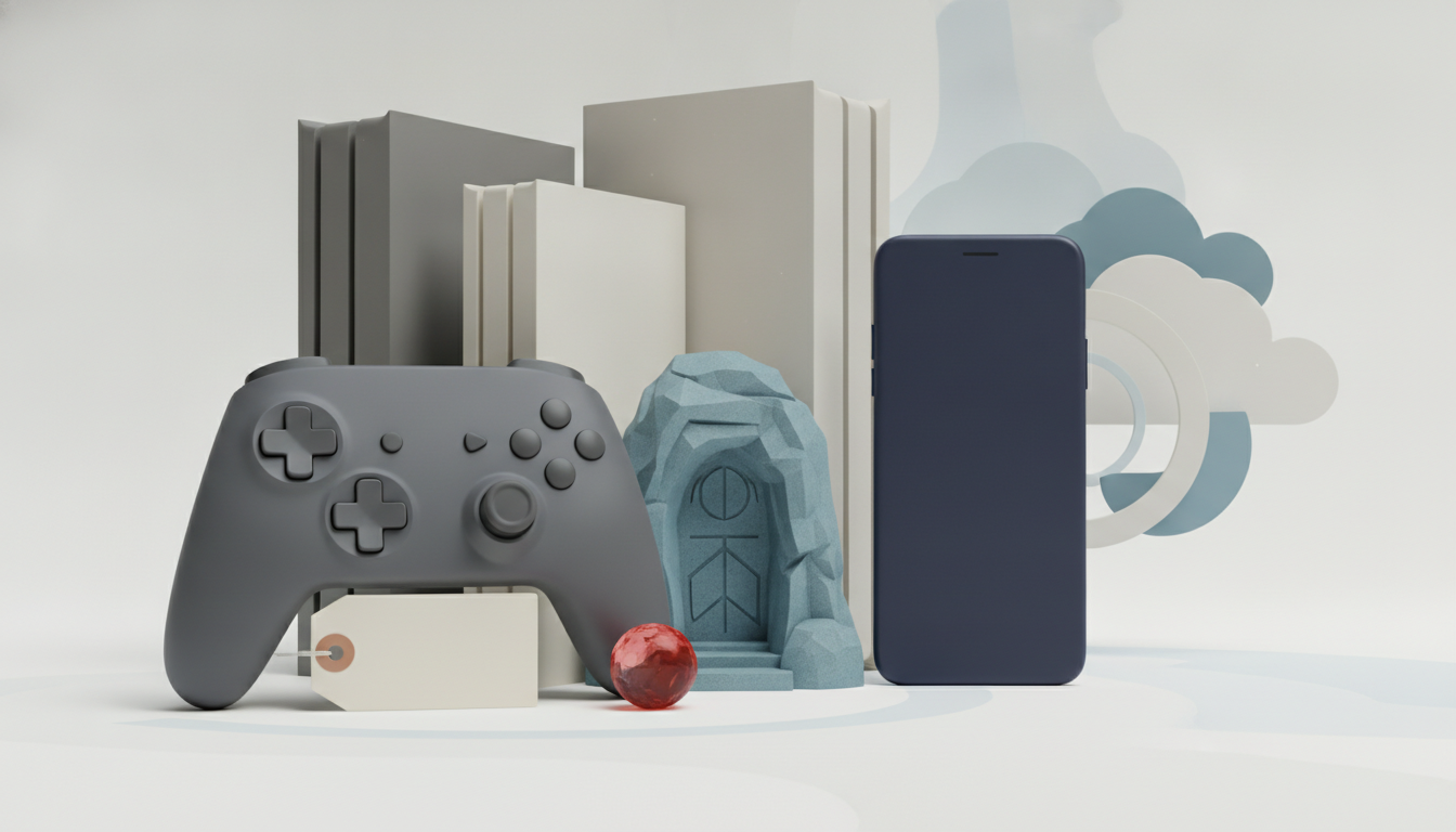 A gray game controller sits in front of upright books, a blue stone arch, a dark smartphone, and a red sphere on a light background.