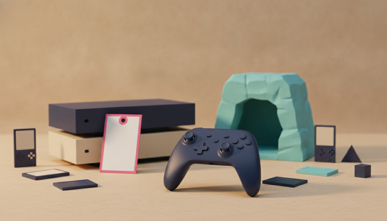 A game controller sits beside stacked boxes, a blank card, a cave-like shape, and several small geometric blocks.
