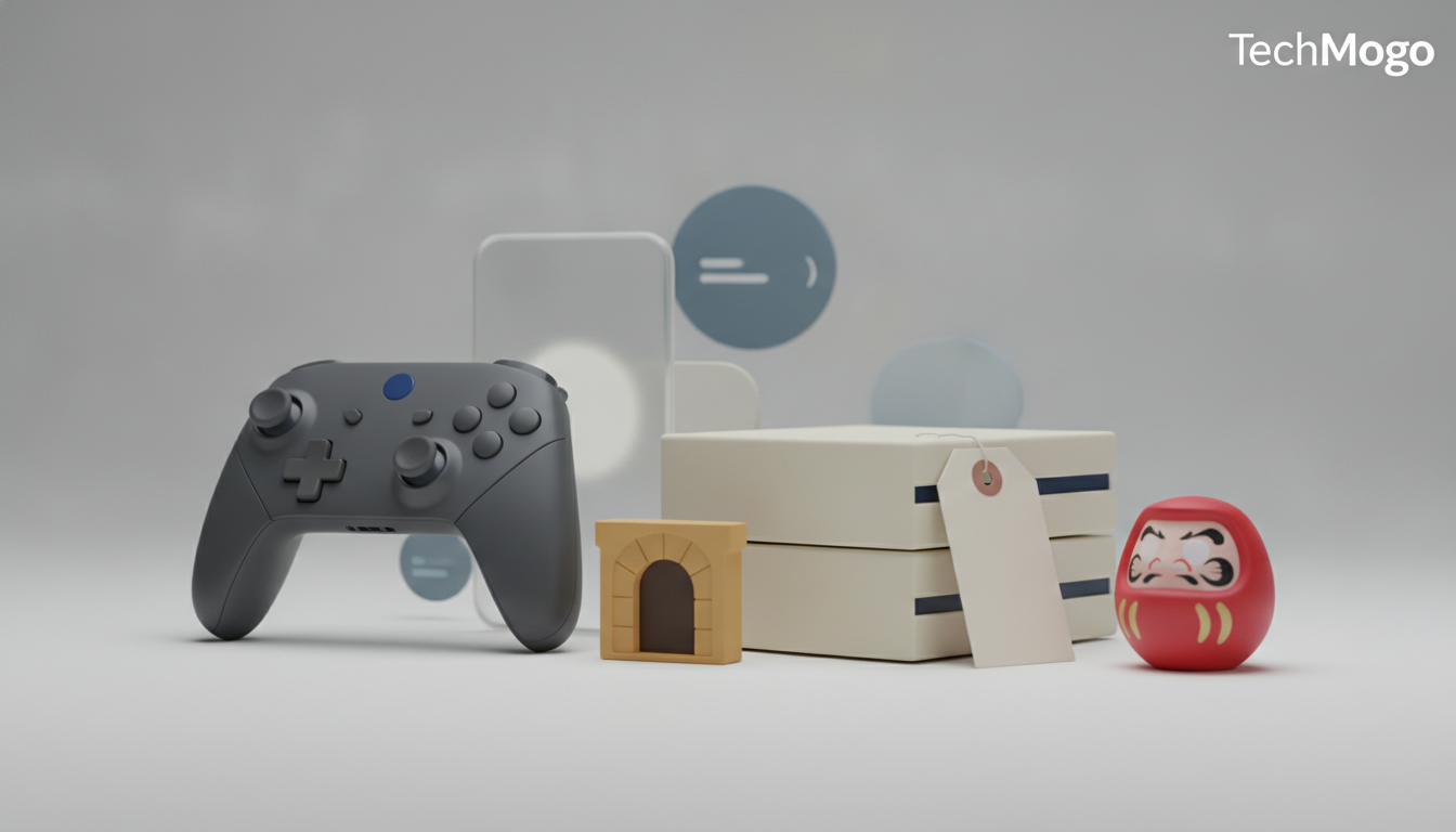 A dark game controller sits beside stacked cream boxes, a hanging tag, a small arch block, and a red round figurine.