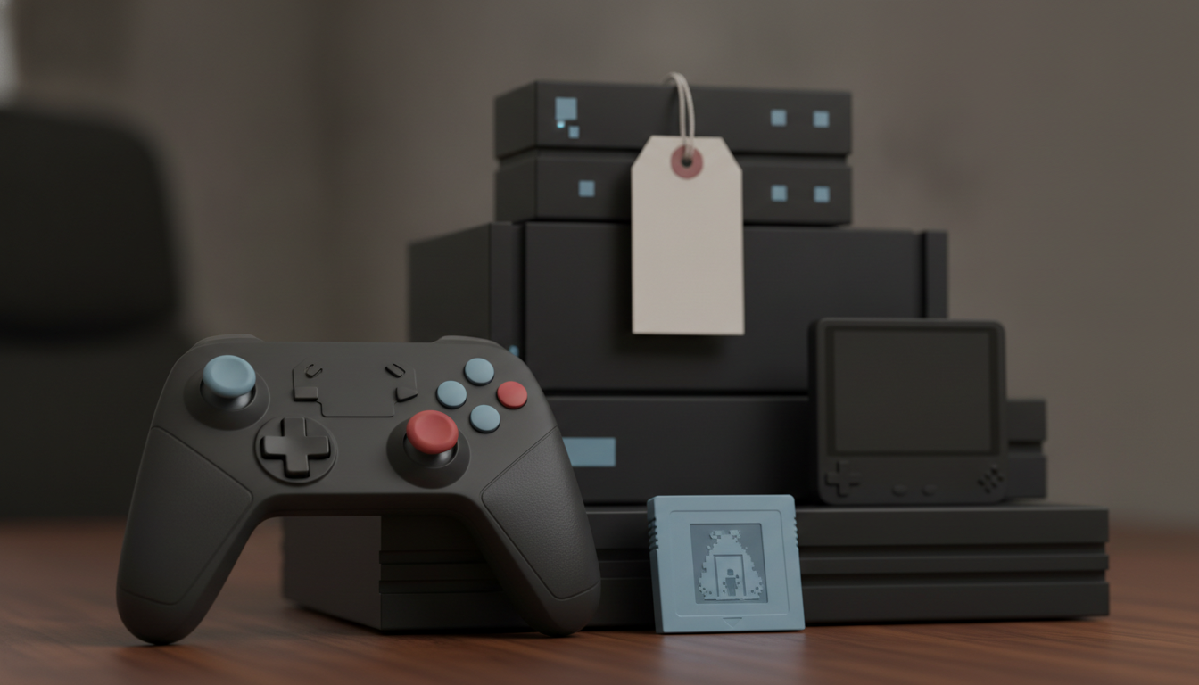 a game controller beside stacked boxes, a blank hanging tag, a handheld console, and a small cartridge on a wooden surface
