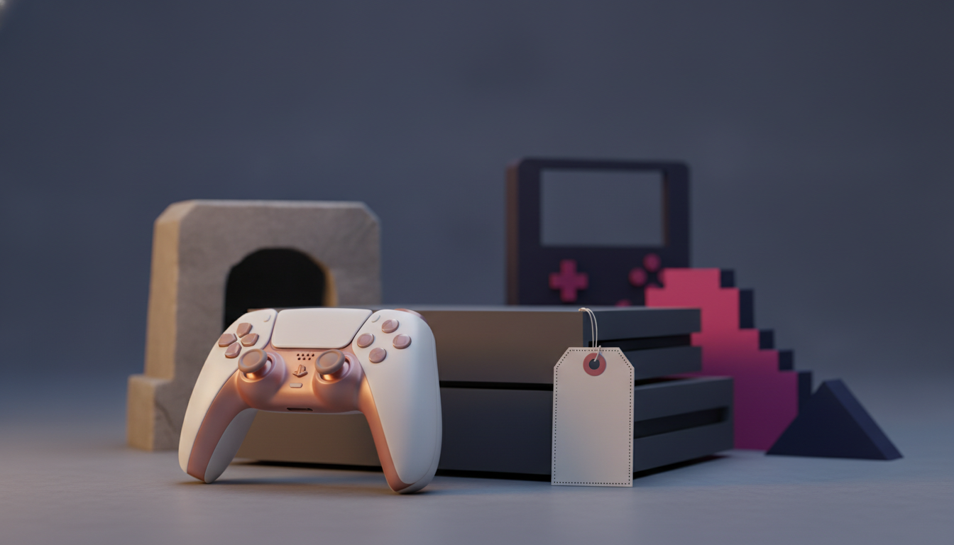a white game controller in front of stacked black boxes with a blank tag and geometric shapes behind it