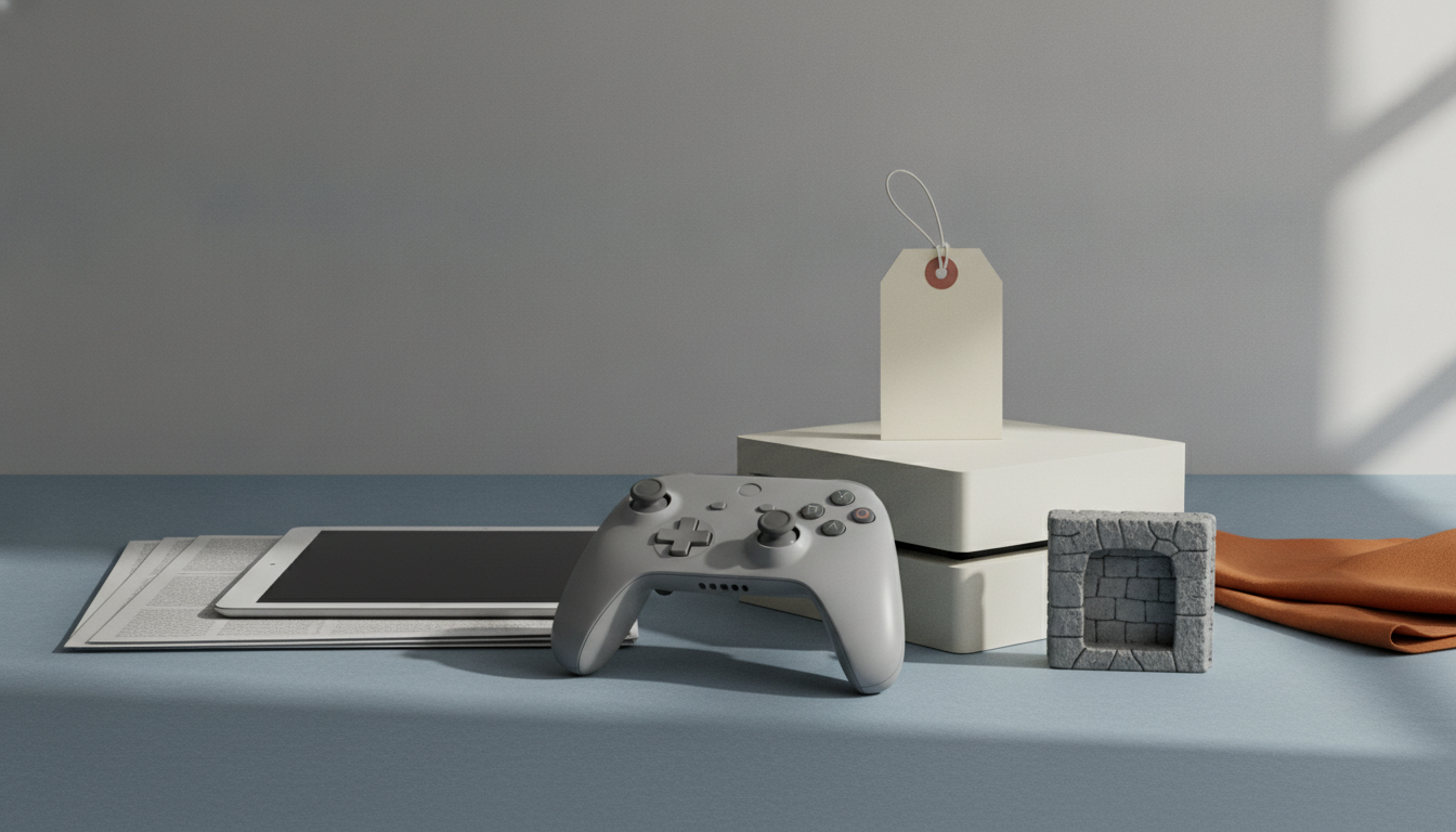 A game controller sits in front of stacked boxes, a blank tag, a tablet, papers, a small stone block, and folded fabric.