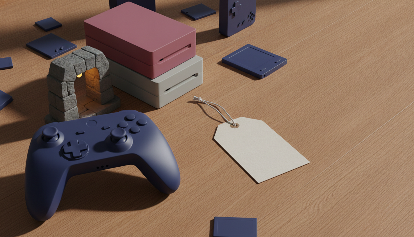 A blue game controller sits beside stacked boxes, a stone arch, scattered dark tiles, and a blank tag on a wooden surface.