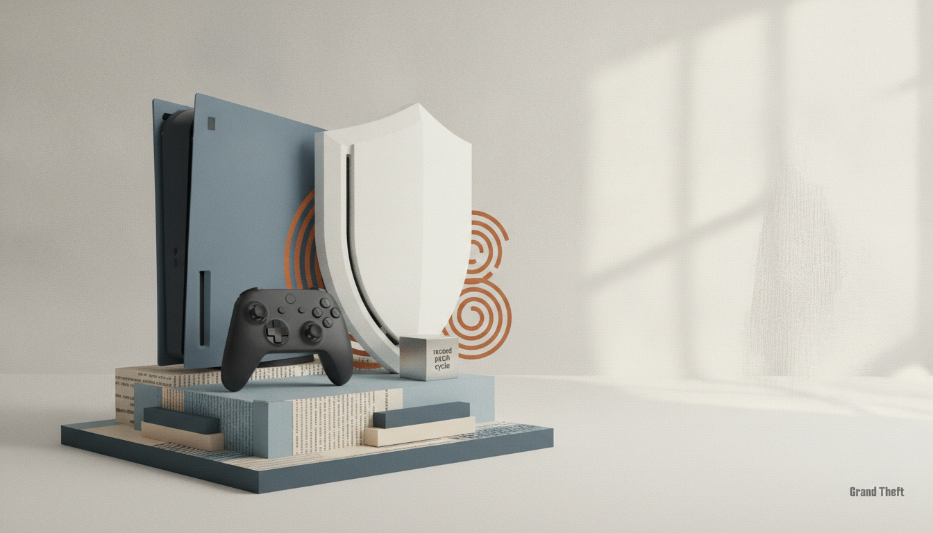 A black game controller sits in front of two tall console-shaped panels on a layered geometric platform with circular orange patterns.