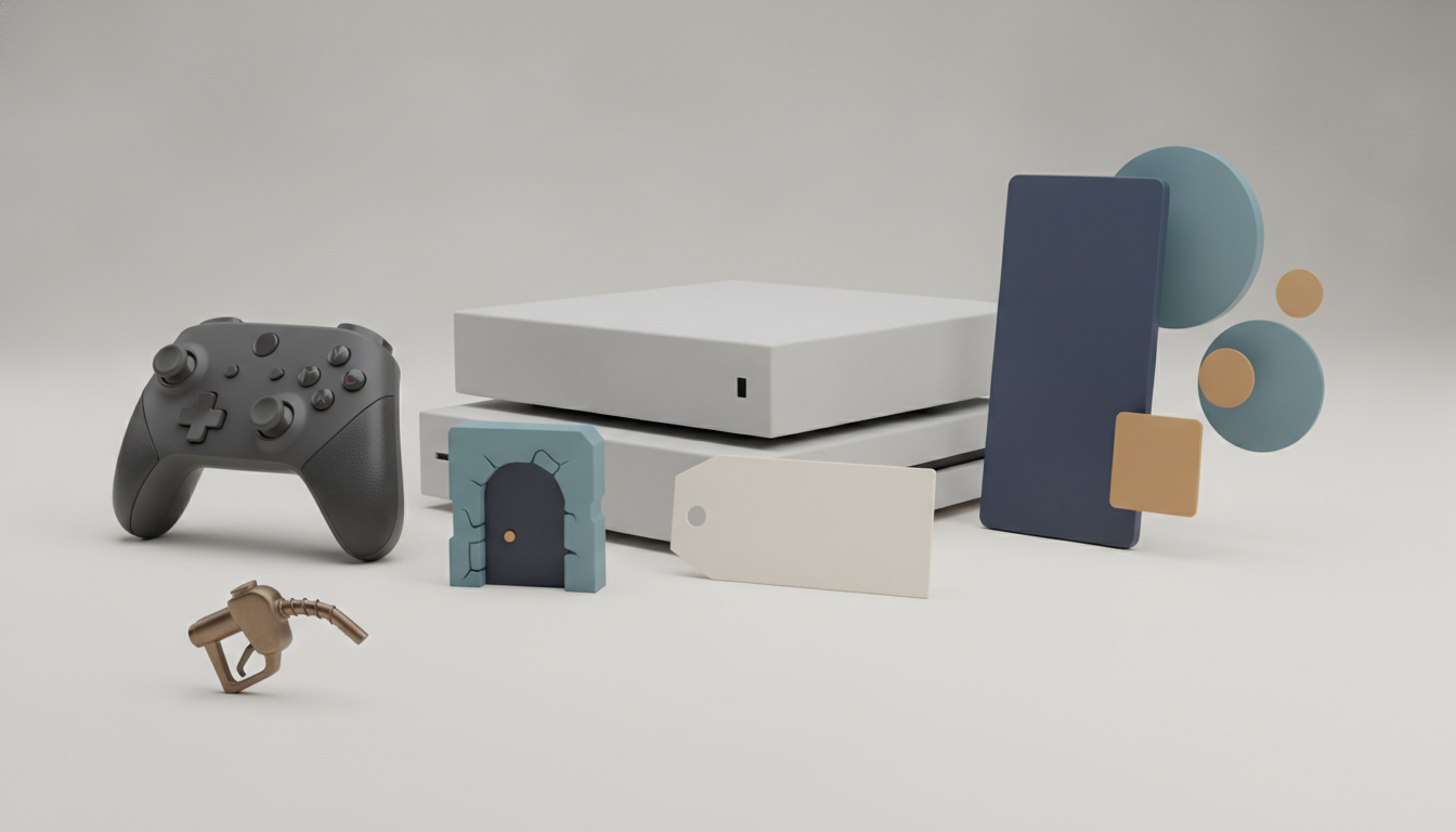 a black game controller, stacked white consoles, a small door, a blank tag, a tall rectangle, circles, and a fuel nozzle