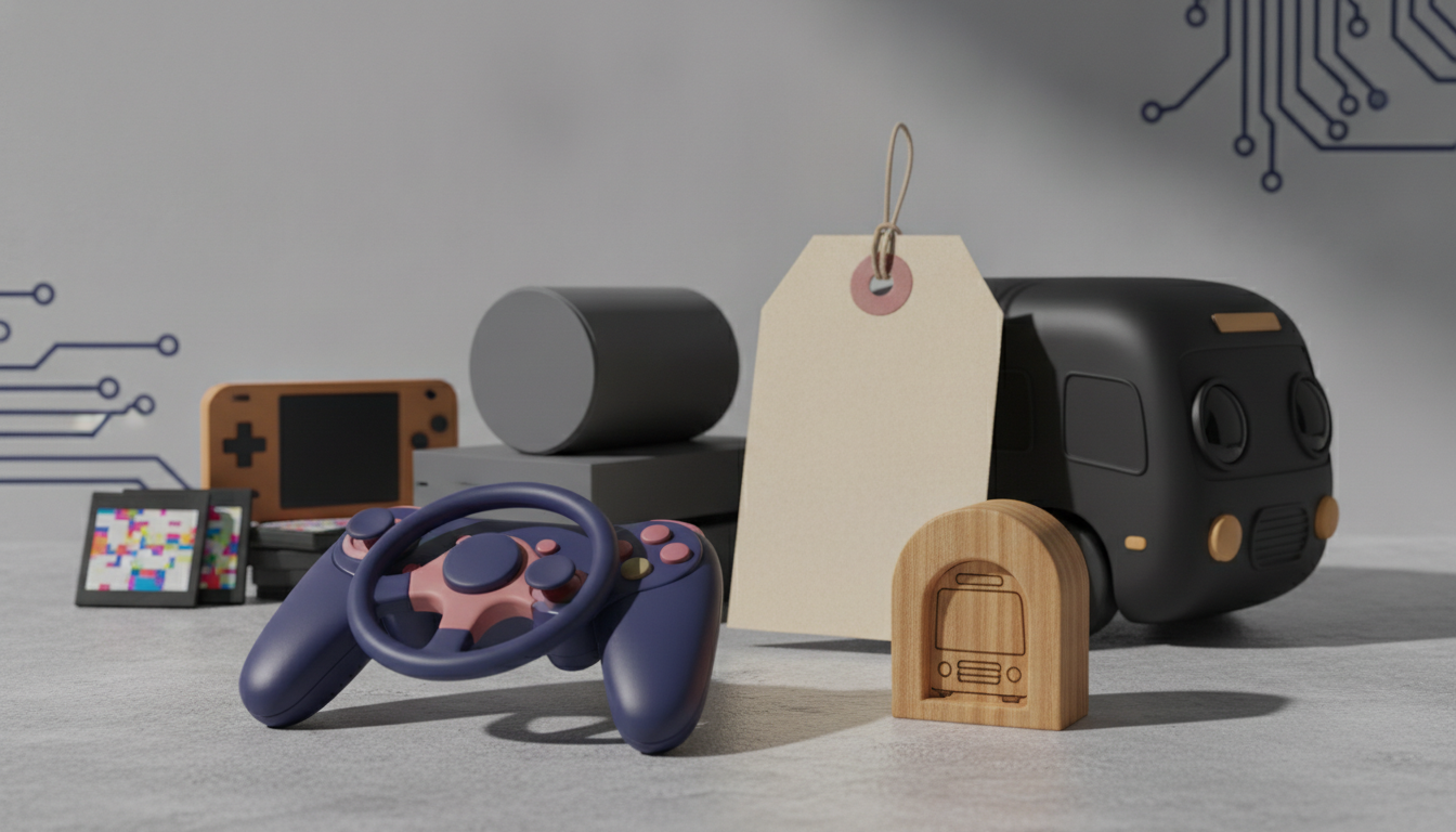 a game controller, small devices, a blank hanging tag, and a black rounded object on a gray surface