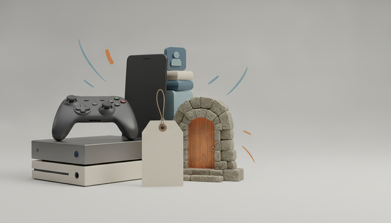 A game controller rests on stacked devices beside a smartphone, books, a hanging tag, and a small stone doorway.