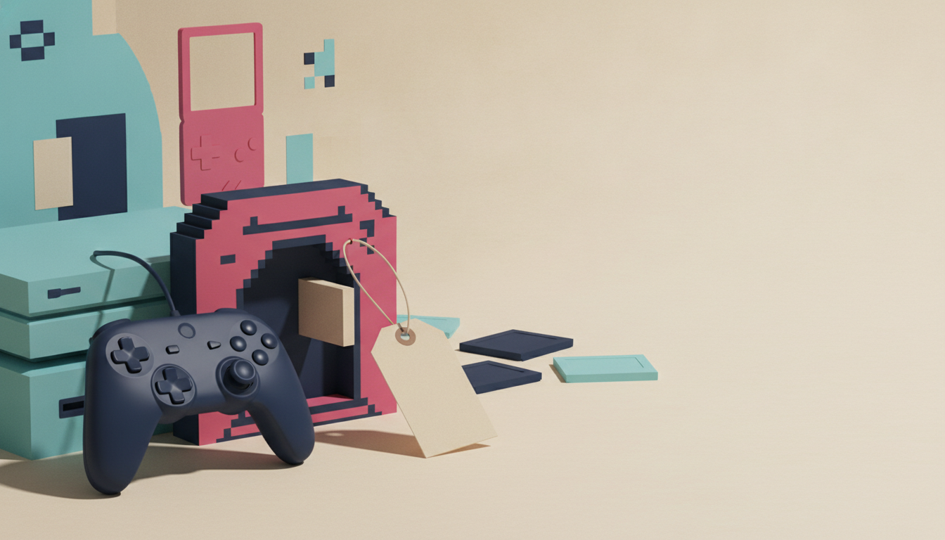 A dark game controller sits before a pink blocky arch with a hanging tag and stacked pastel blocks.