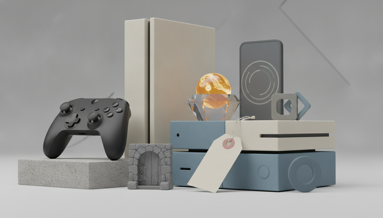 a black game controller, stacked blocks, a small stone door, a glowing orb, and two upright rectangular panels