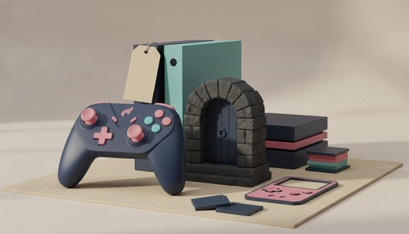 a game controller, arched stone doorway, binder, stacked blocks, handheld device, and small cartridges on a beige surface