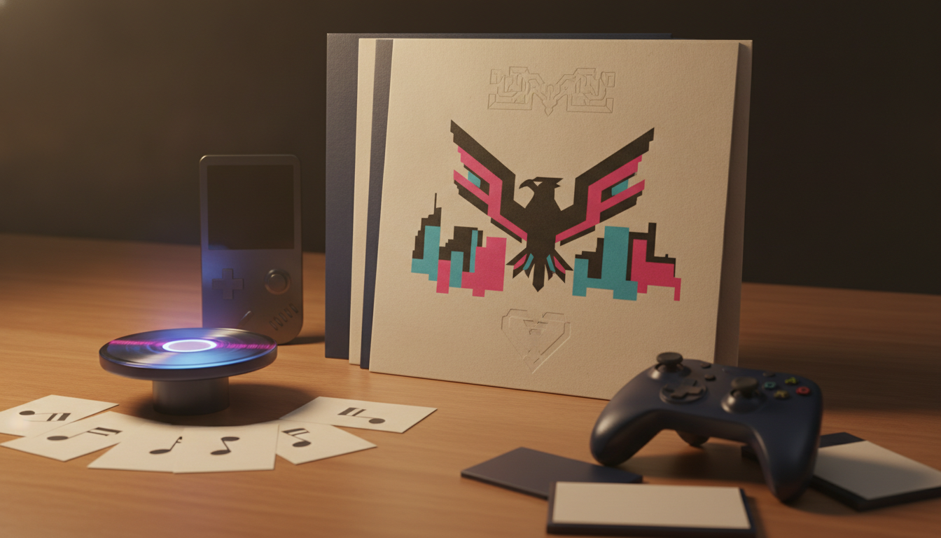 A game console, handheld device, glowing disc stand, game controller, and scattered cards sit on a wooden table beside a box with a bird graphic.