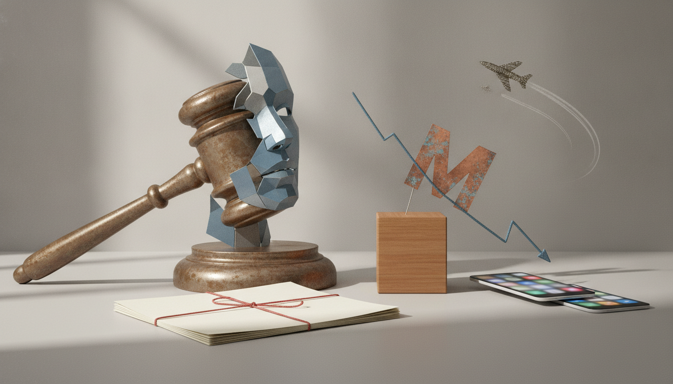 A wooden gavel, a faceted metallic face sculpture, a tied stack of papers, a rising line graphic, a wooden block, and two smartphones on a table.