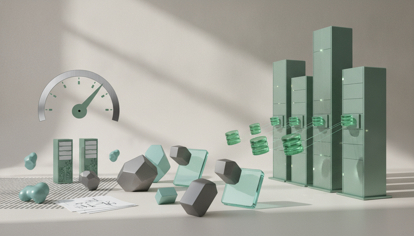 Green and gray geometric blocks and towers stand on a tabletop under soft diagonal shadows with a gauge on the wall.