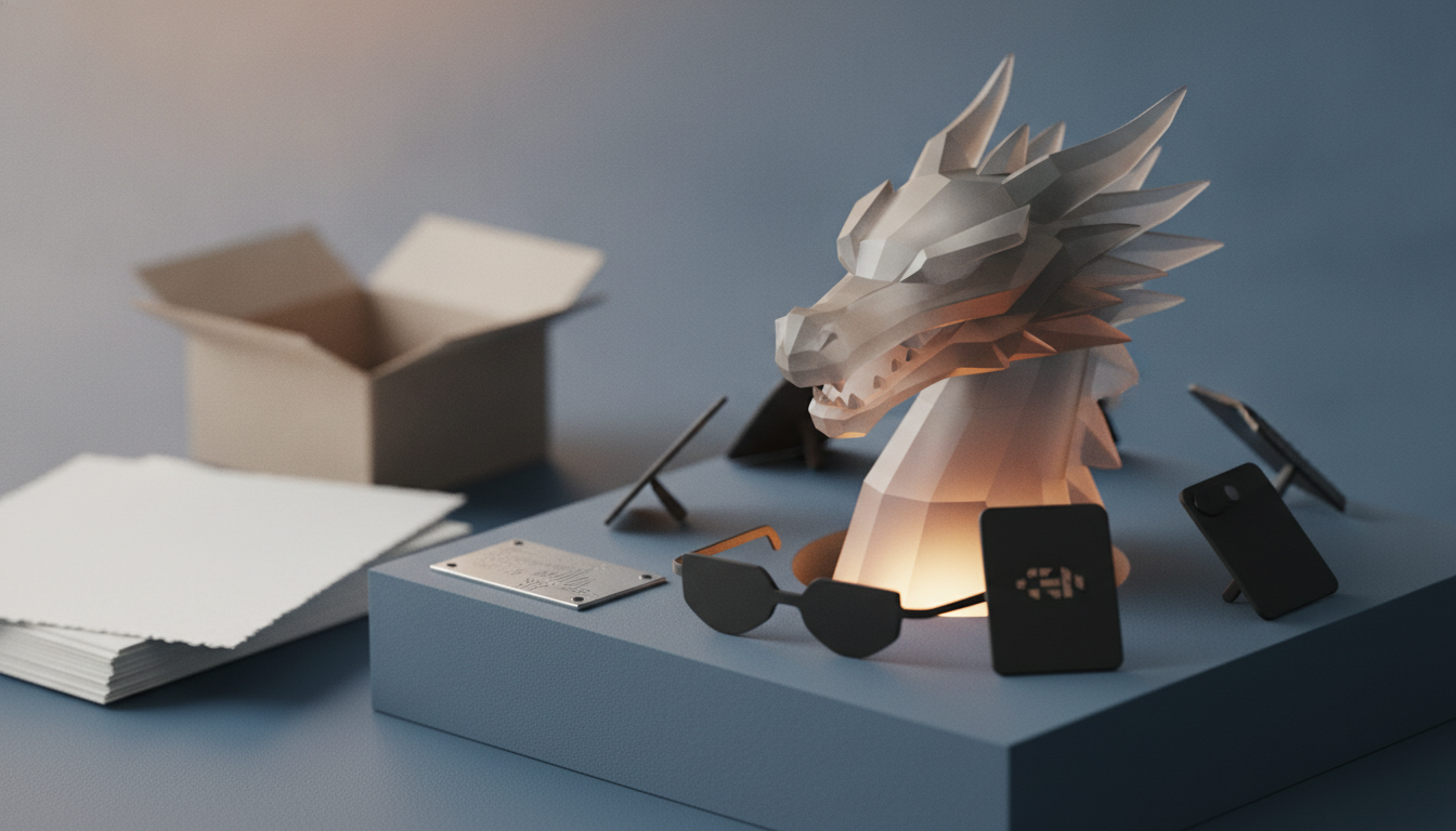 a geometric dragon head on a blue pedestal surrounded by sunglasses, small cards, papers, and an open box