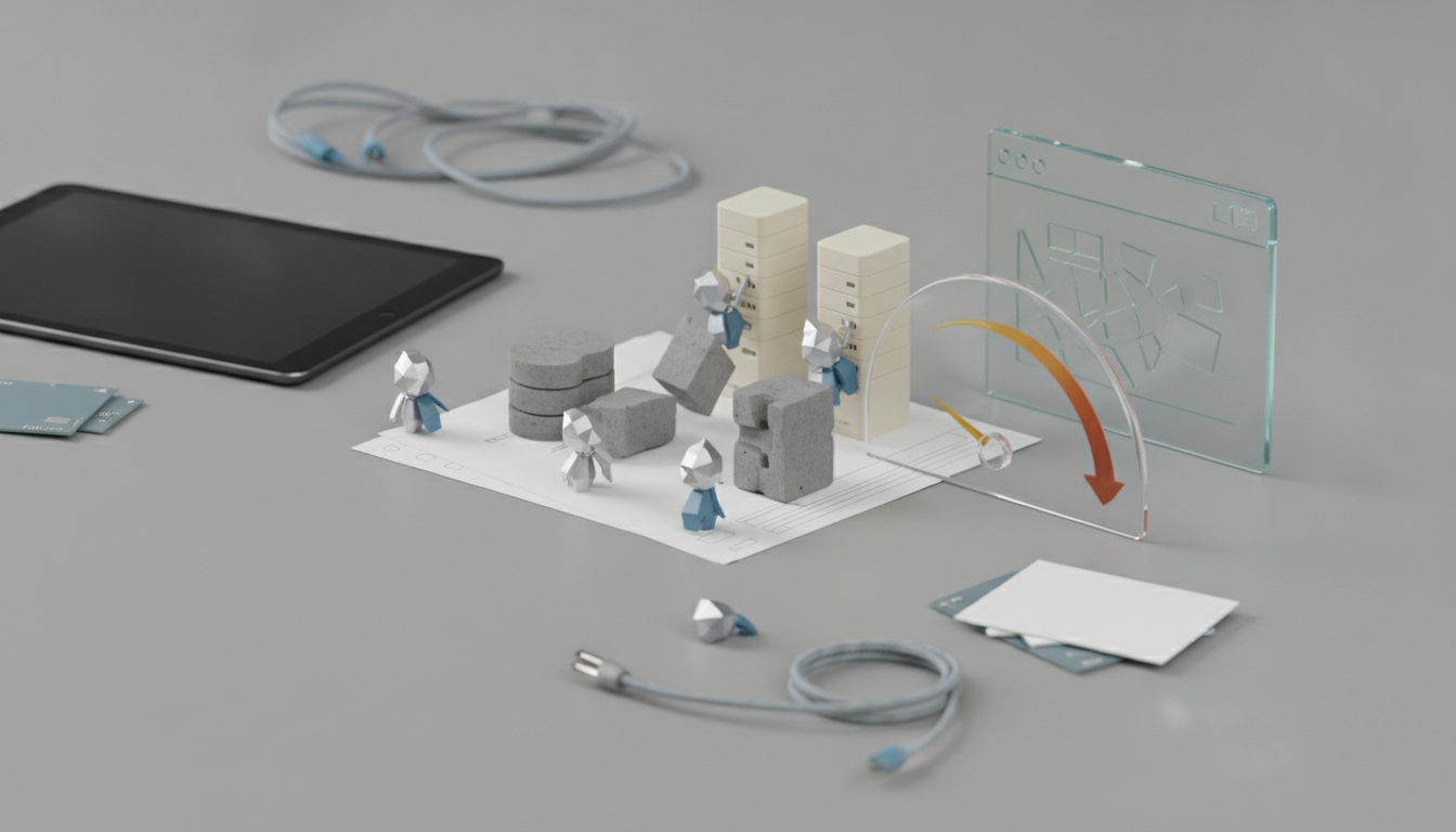 Small geometric figures stand among blocks, server-like towers, a tablet, cables, and transparent panels on a gray surface.