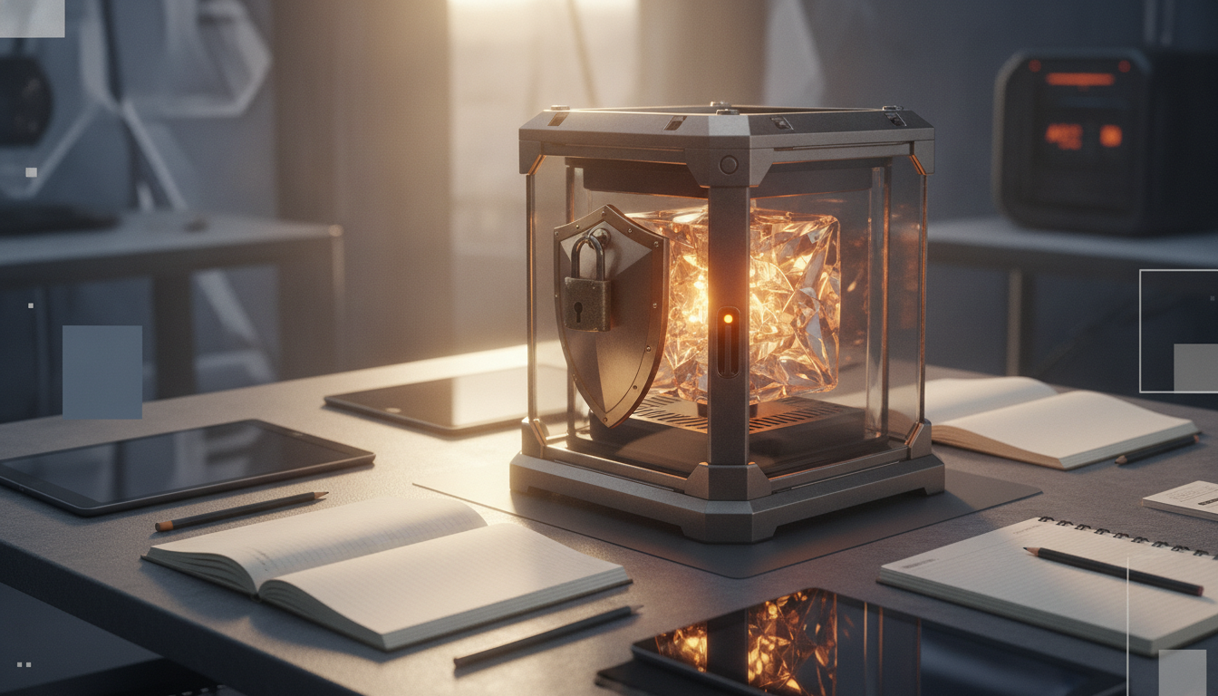 A glowing crystal sits inside a glass case on a desk surrounded by notebooks, tablets, and pencils.