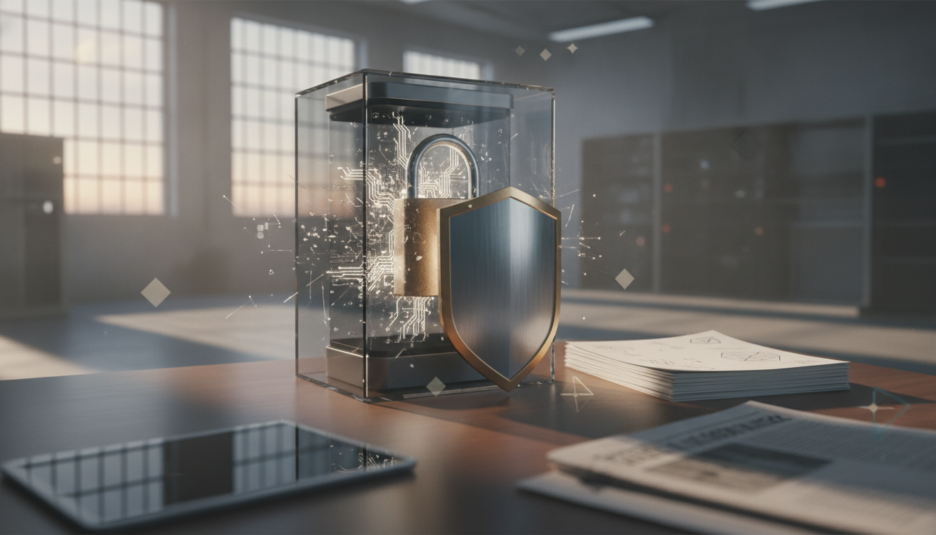 a glass case with a padlock sits on a desk beside stacked papers, a tablet, and a shield emblem