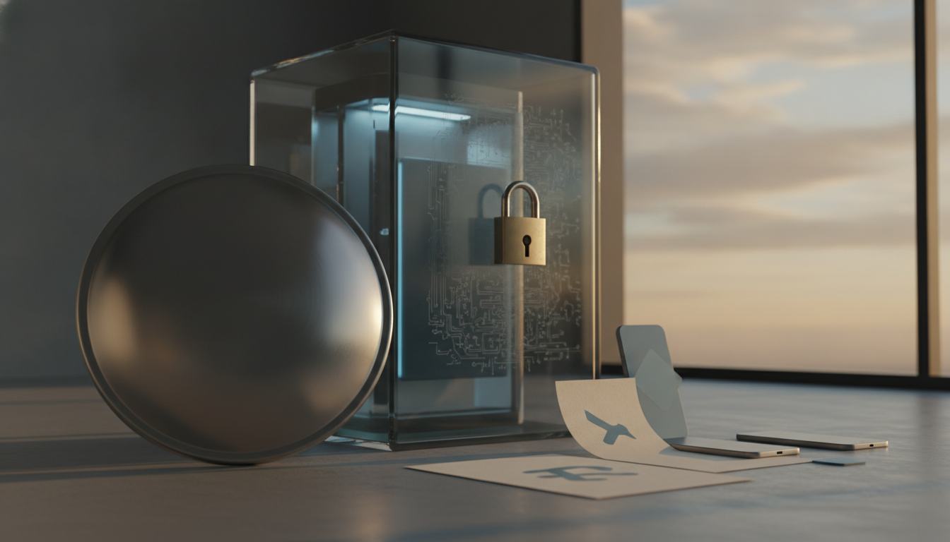 A glass cube with a padlock stands beside a large metal disk, with small cards and slim devices on a table near a window.
