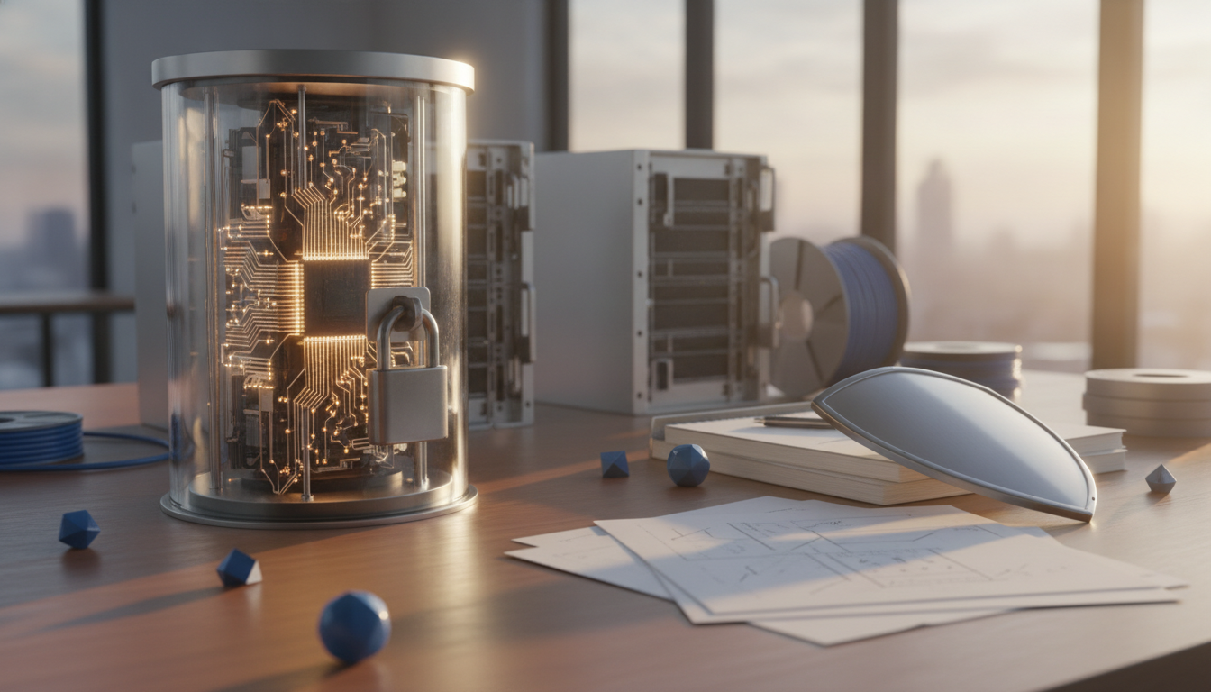A glass cylinder with glowing circuitry and a padlock sits on a desk beside stacked papers, a white curved cover, and small blue objects.