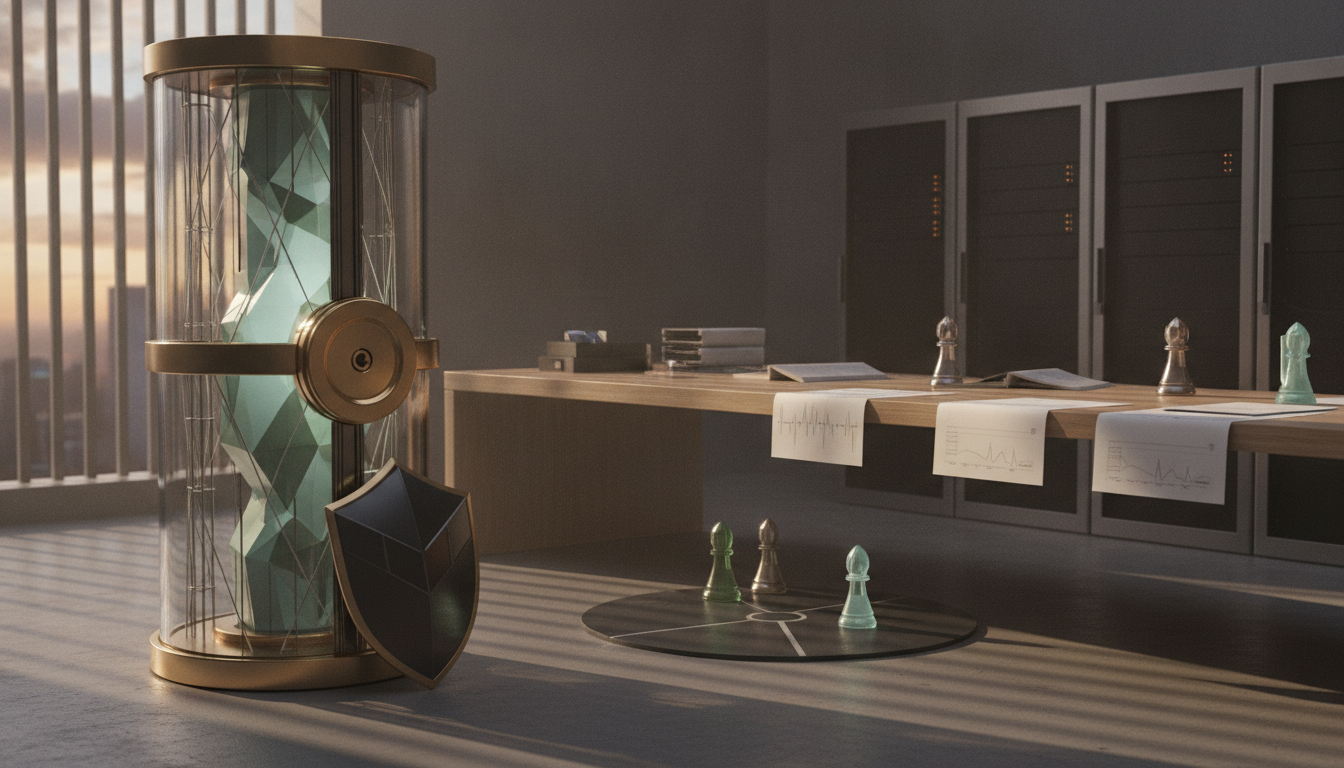 A glass cylinder with gold bands stands beside a long desk with papers, chess pieces, and dark cabinets.