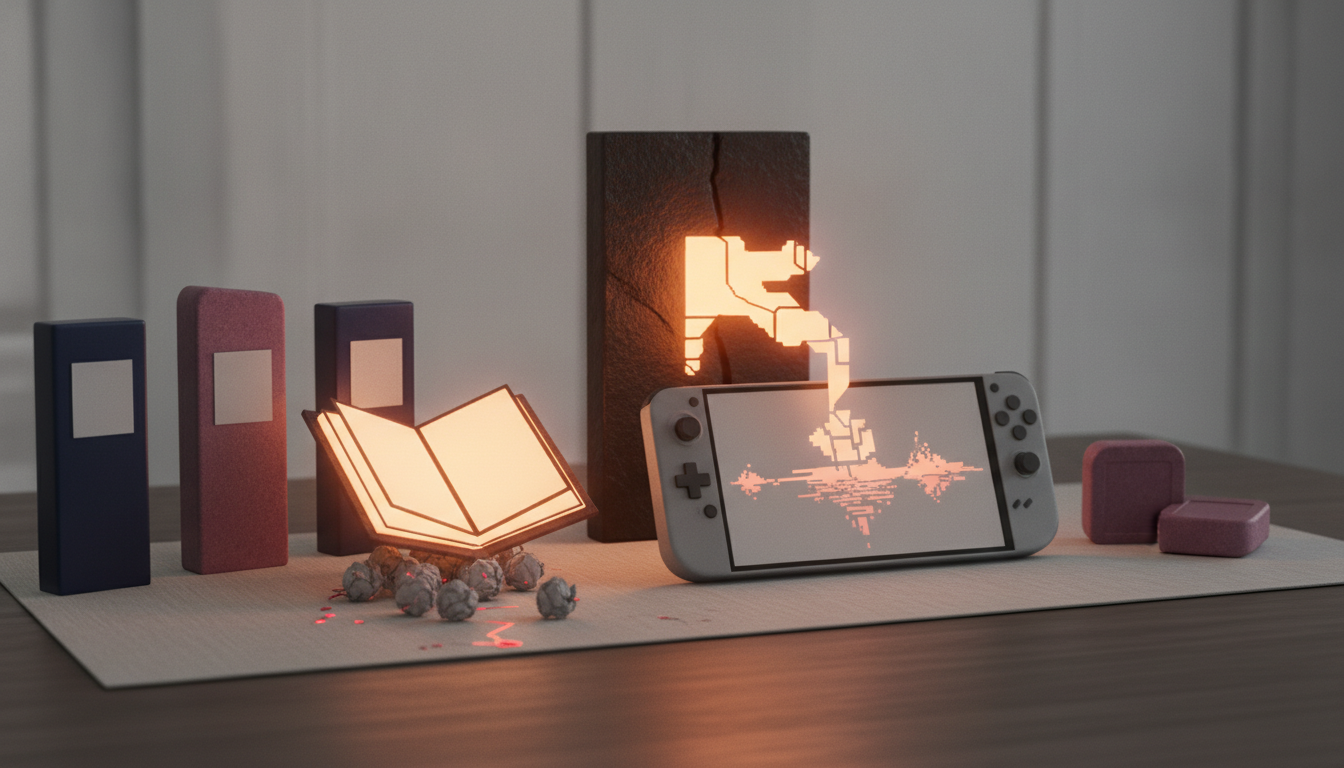 Glowing open book, handheld game console, and colorful blocks on a tabletop with small stones nearby.