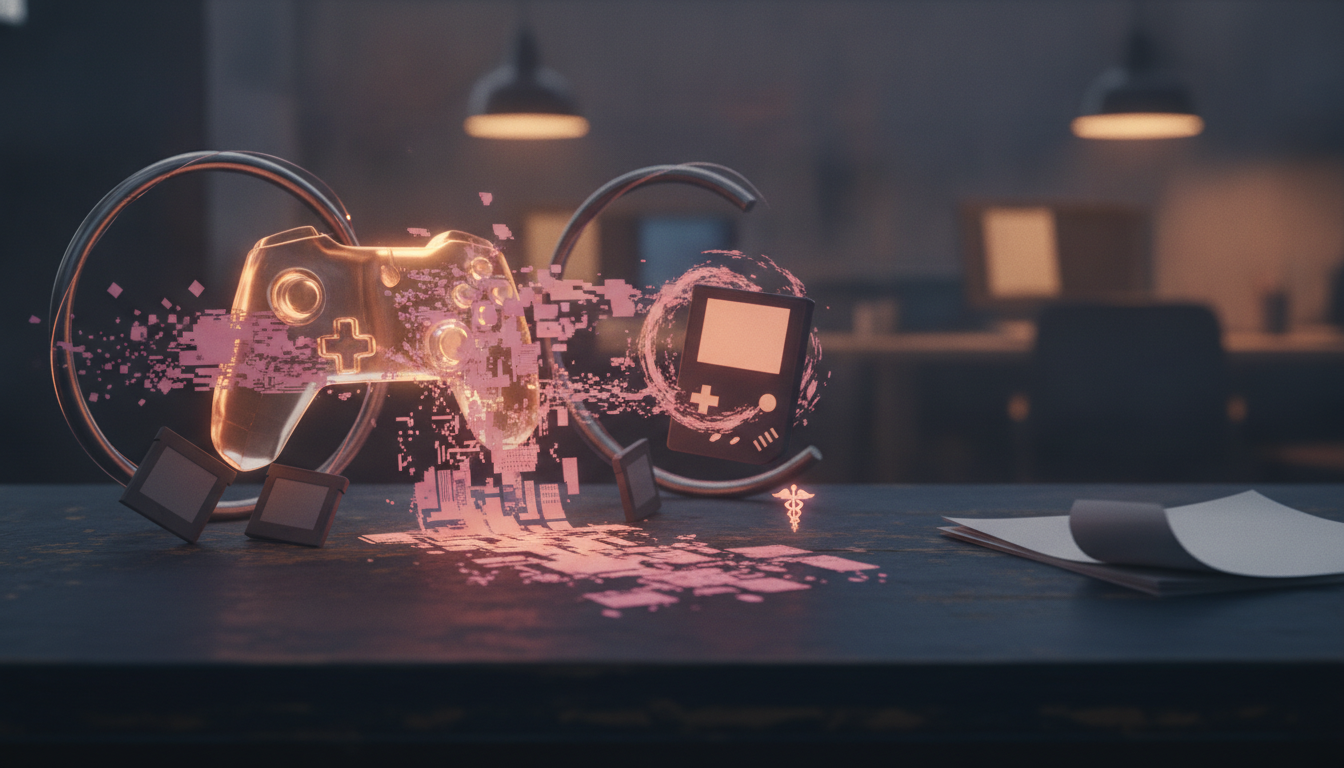 a glowing game controller and handheld console sit amid pink digital particles on a table with papers nearby