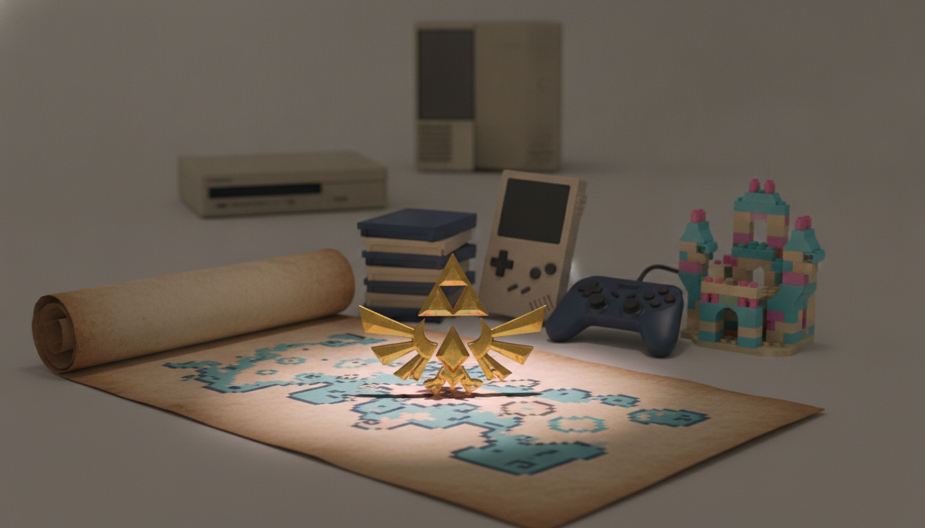 A glowing gold winged emblem stands on a parchment map beside a game controller, handheld console, stacked cartridges, and toy blocks.