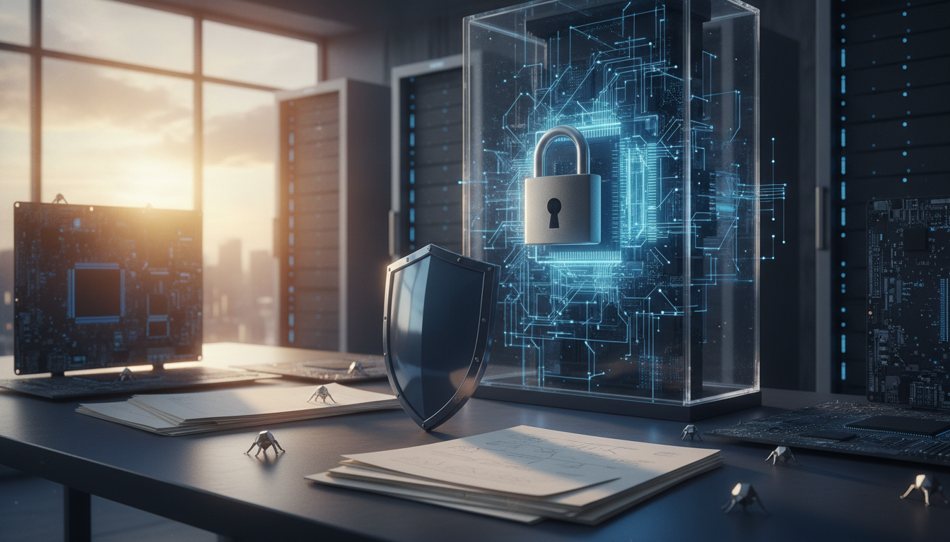 A glowing lock in a glass case stands on a desk beside a shield, circuit boards, and stacked papers in a dark room.