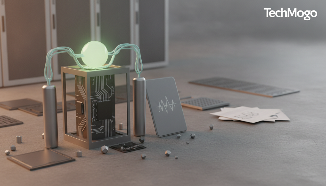 A glowing sphere sits on a circuit-like frame with two tall cylinders, scattered small shapes, and flat panels on a gray surface.