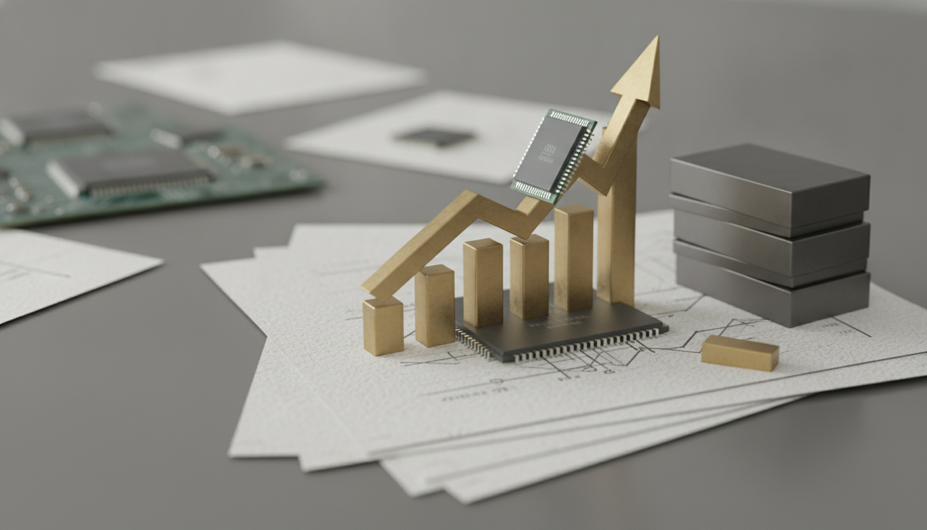 golden bars and an upward arrow rise from a microchip on stacked papers beside gray blocks