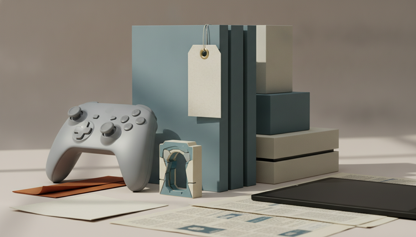 A gray game controller, stacked boxes, hanging tag, small arch piece, papers, and a dark tablet sit on a tabletop.