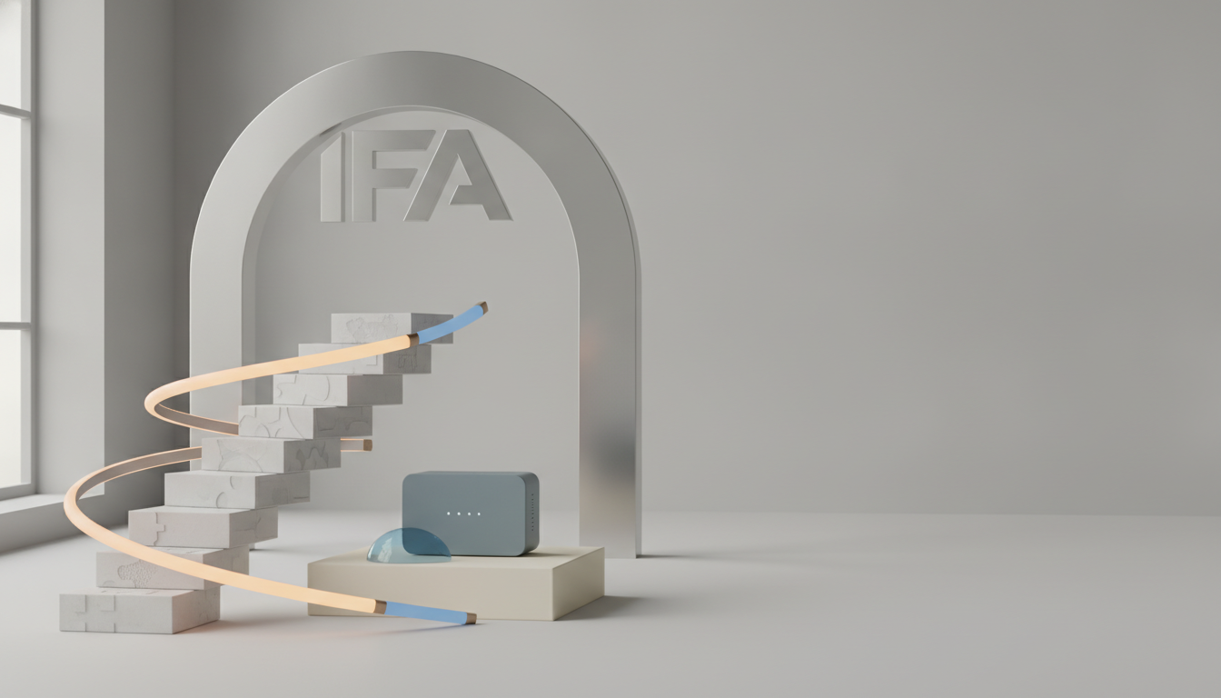 A minimalist gray room with a curved arch, stacked white blocks, looping glowing ribbons, and a small blue device on a pedestal.