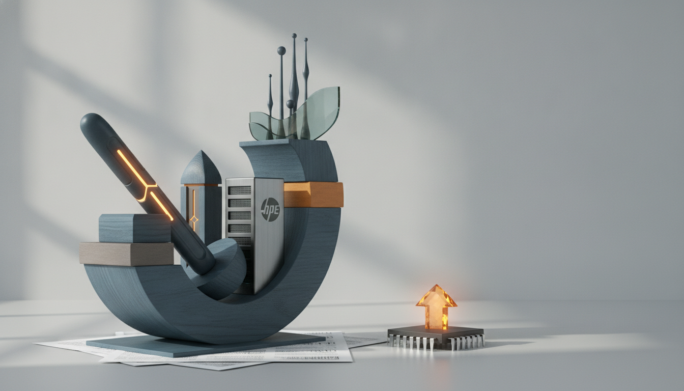 A gray sculptural desktop arrangement with a glowing pen-like object, stacked blocks, a small orange arrow, and papers on a white surface.