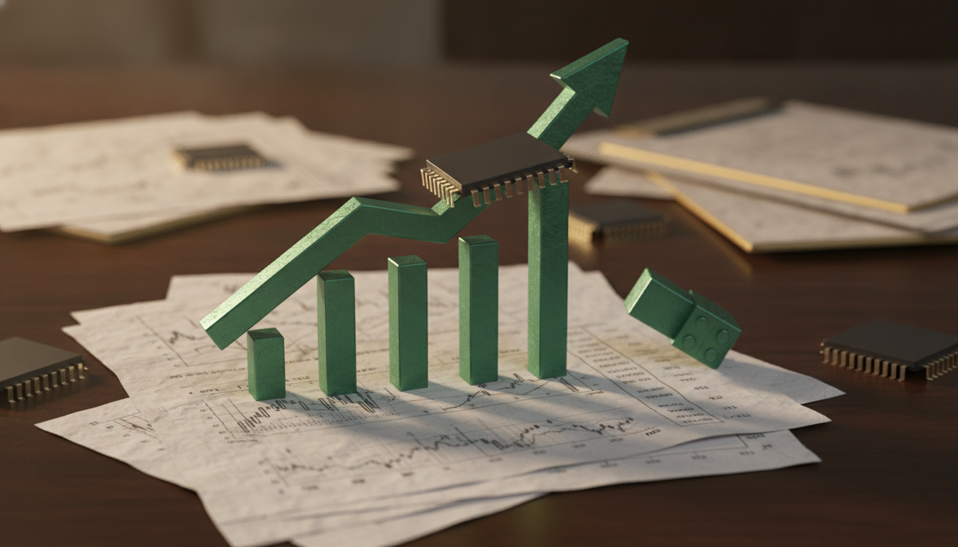 Green bars rise from papers on a desk with an upward arrow and small electronic chips nearby.