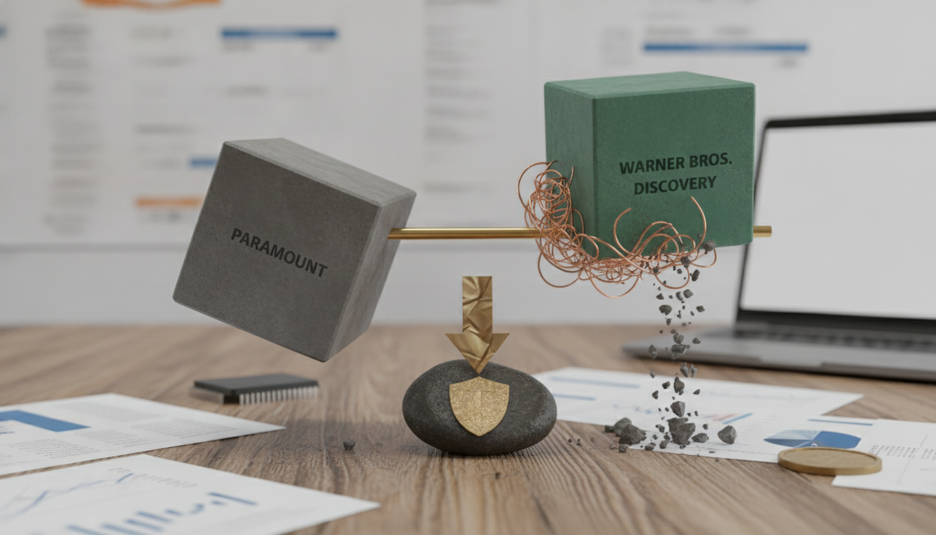 Two labeled blocks on a rod hover above a stone with a gold shield, with papers, a laptop, and scattered debris on a desk.