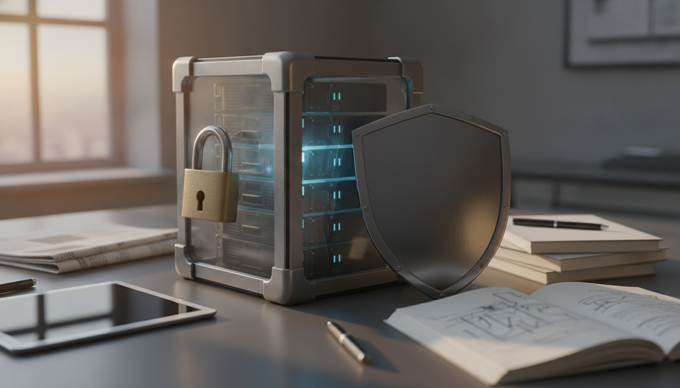 A locked server tower sits beside a shield, with a tablet, books, a notebook, and pens on a desk near a window.