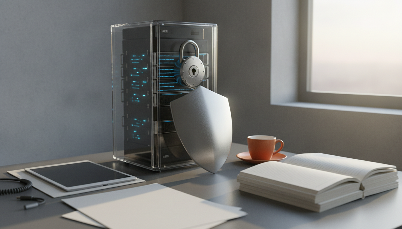 A locked server tower sits beside a shield, tablet, papers, an open notebook, and a small cup on a desk near a bright window.