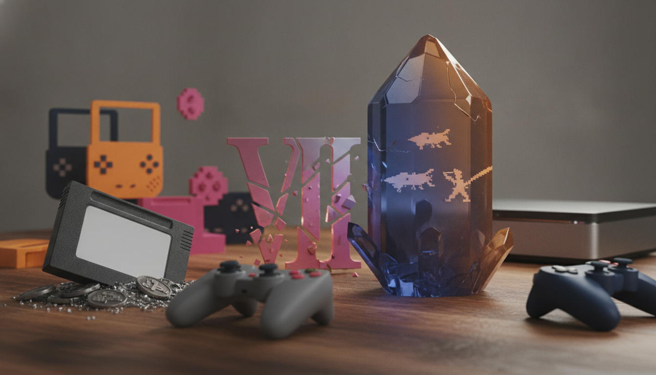 A wooden tabletop holds a blue crystal, two game controllers, a handheld console, scattered coins, and cracked pink letters.