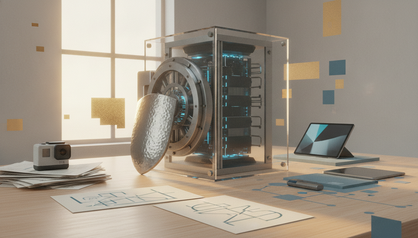 A glass cube machine with a metallic door sits on a desk beside a small camera, tablet, papers, and loose sheets.